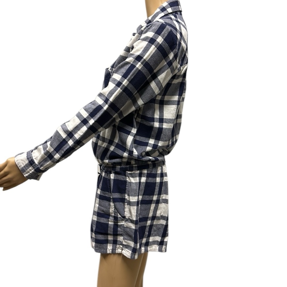 Aerie Cotton Blue White Flannel Plaid Button Up Long Sleeve Short Romper Large - Picture 3 of 13